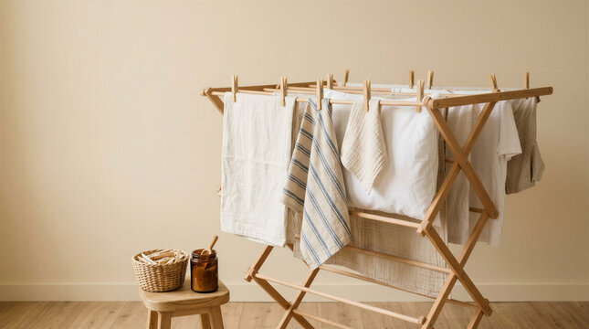 Wooden drying rack with clean clothes in a minimalist interior  