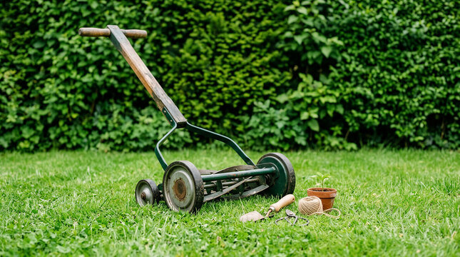Vintage manual lawnmower on green grass next to gardening tools  