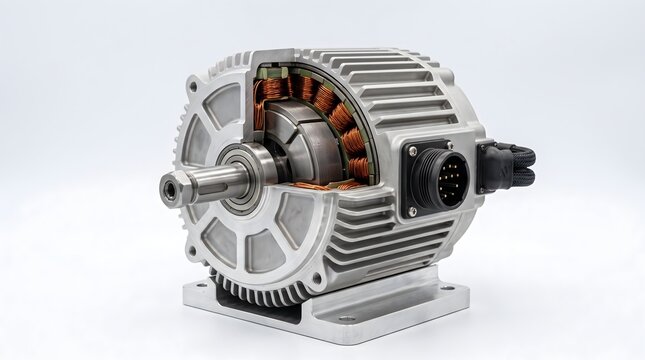 Electric motor cutaway showing internal copper windings and rotor