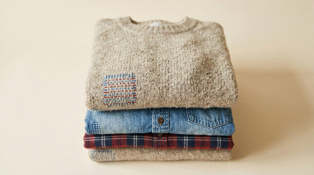 Folded sweaters and shirts stacked on a neutral background  