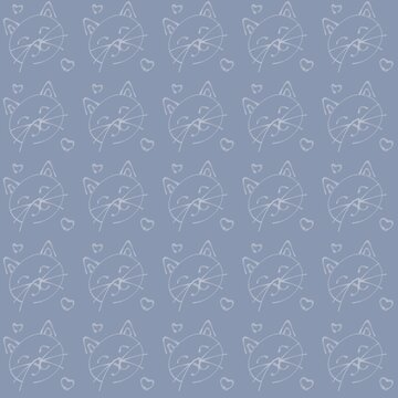 Pale Cat Face Outlines on Blue Gray