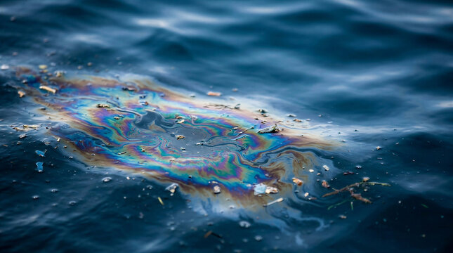 Oil spill on ocean surface with plastic debris floating  