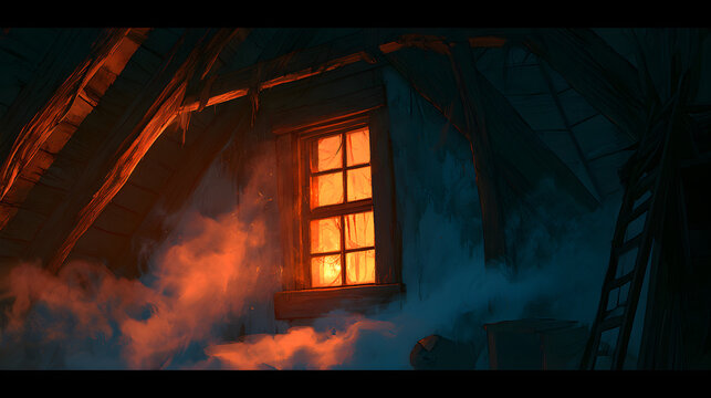 Halloween wallpaper, haunted attic window with flickering light in a creepy old attic, ghostly cold mist in the air