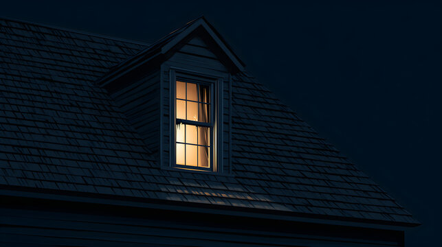 Halloween wallpaper, haunted attic window with flickering light in an abandoned mansion, warm pumpkin glow against dark night