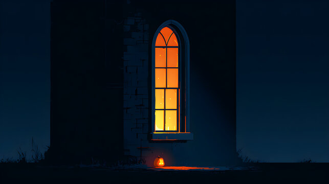 Halloween wallpaper, haunted attic window with flickering light in an abandoned mansion, warm pumpkin glow against dark night\