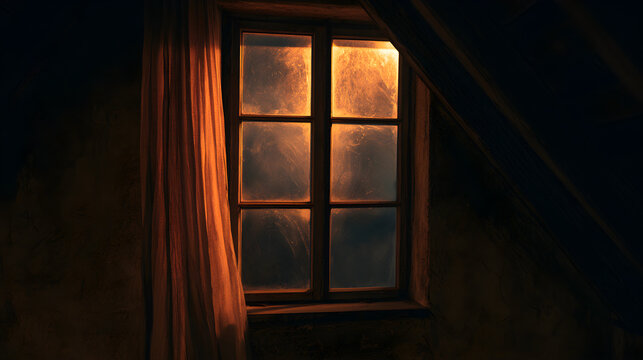 Halloween wallpaper, haunted attic window with flickering light in an abandoned mansion, deep autumn night chill, muted autumn orange and brown palette, cinematic photography style, crisp sharp focus