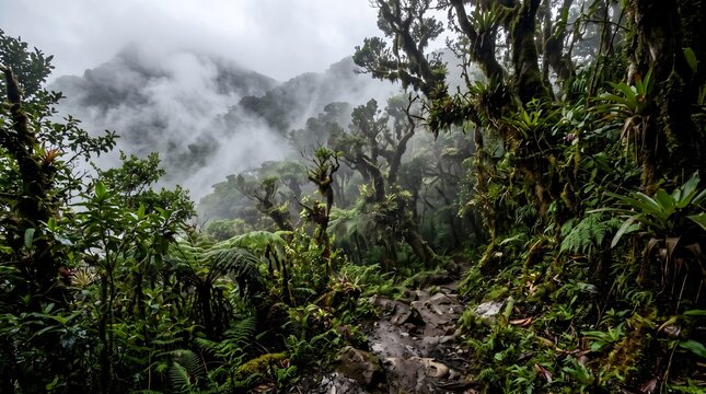 Fog rises over a lush tropical rainforest trail in the mountains