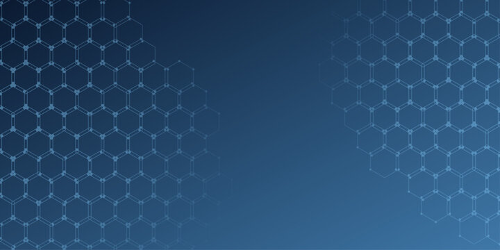 Abstract molecular structure with hexagonal pattern on a gradient blue background, representing science and technology.