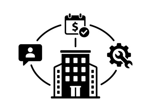 Rental property management icon showing building maintenance and payment schedule