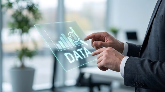 Businessman analyzing data visualization projected on a transparent screen indoors