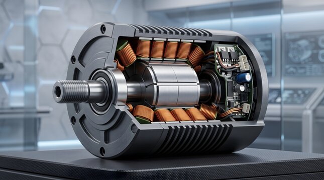 Sectioned view of a modern electric motor showing copper coils