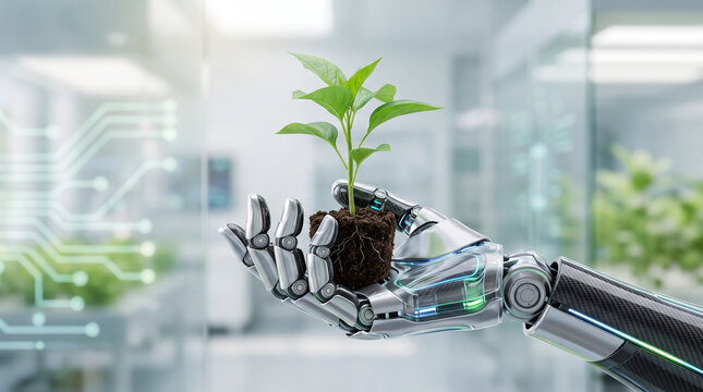 A robotic hand holding a small green plant with soil in a hightech laboratory environment, representing sustainable technology and innovation