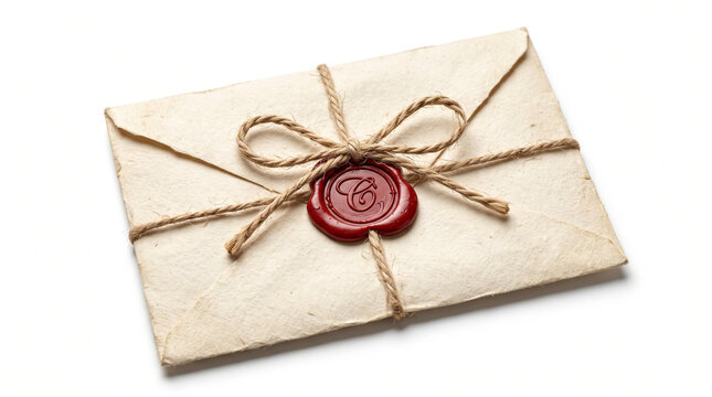 Vintage envelope made of textured paper tied with twine and sealed with red wax featuring a decorative letter c isolated on white background