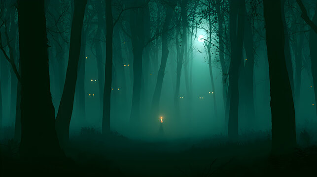 Halloween wallpaper, haunted forest with glowing eyes in the dark by a flickering candle glow, spooky moonlit glow, eerie green and black palette, digital painting style, soft eerie fog effect