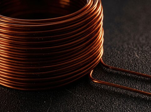 Copper wire induction coil with metallic orange coils for electronic circuit components.