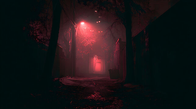 Halloween wallpaper, haunted forest with glowing eyes in the dark in a shadowy back alley, gothic and mysterious charm, deep red and black tones, cinematic photography style, dramatic shadow contrast