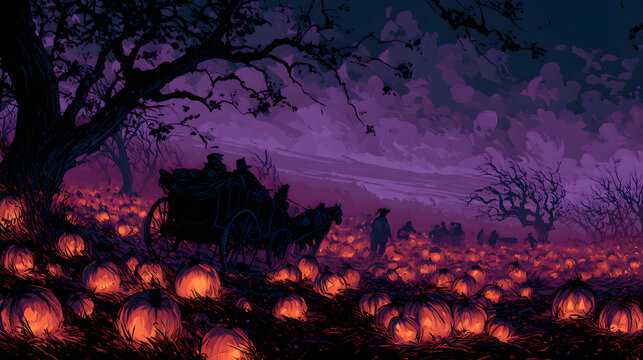 Halloween wallpaper, haunted hayride through a dark field in a glowing jack-o-lantern field, dark and haunting feel, classic Halloween orange black purple palette
