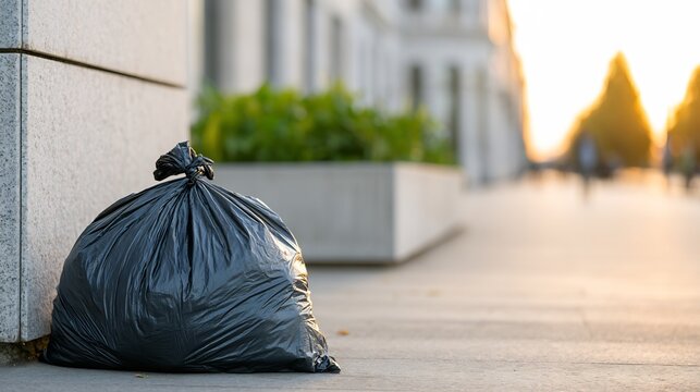 Black trash bag sitting on clean city sidewalk - urban waste management