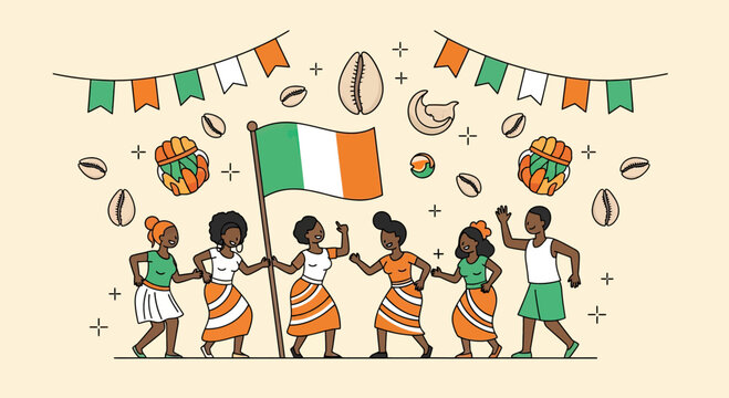 People celebrating with Ivory Coast flag and colorful decorations.