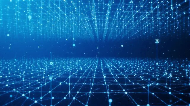 Glowing blue digital network nodes connecting in infinite cyberspace structure for abstract technology motion background video