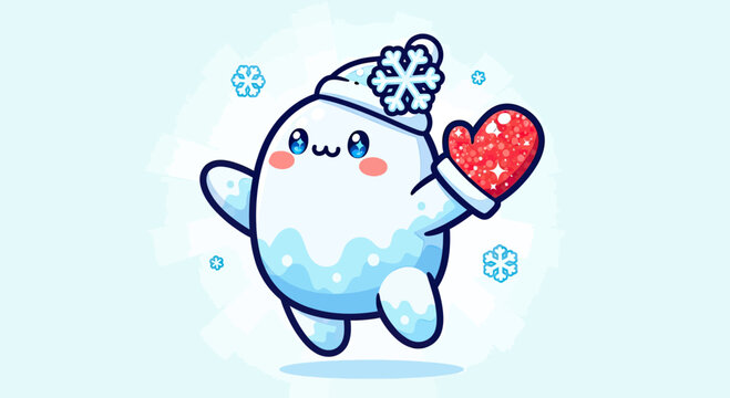 Cute snowman character holding red heart.