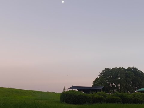 夕暮れの空に浮かぶ月と緑の堤防の風景