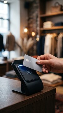 Customer hand making contactless payment with credit card on payment terminal in clothing boutique with blurred store interior and vertical composition