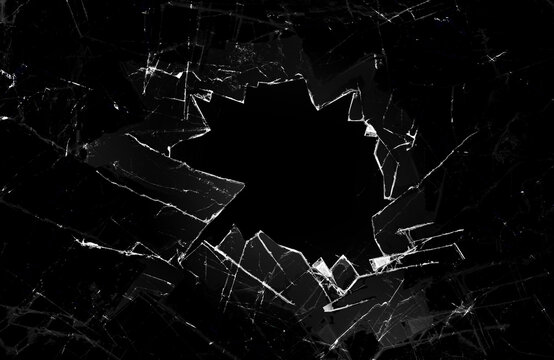 Broken Glass Hole Crack Overlay Effect Isolated on Black Transparent Background PNG Surface Texture for Design