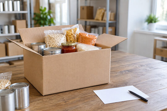 Food pantry donation box assembly workflow with unbranded staples