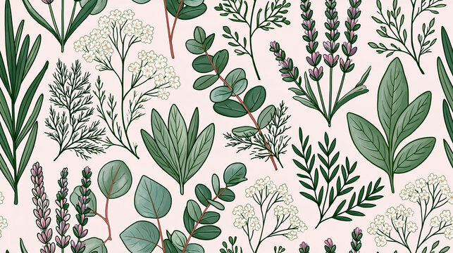 botanical seamless pattern, eucalyptus, lavender flowers