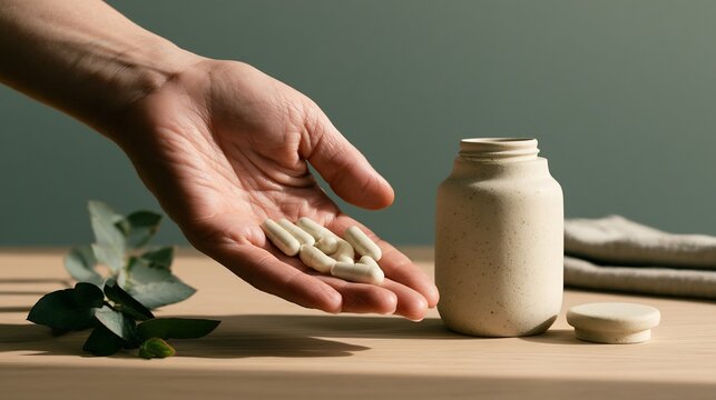 Person holding white supplement capsules near ceramic bottle - daily wellness routine