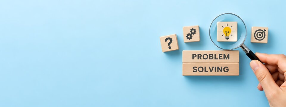 Problem solving concept with wooden blocks, light bulb icon for innovative idea generation, questions, gears, and target symbols on a blue background