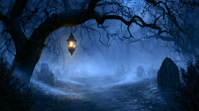 Halloween wallpaper, lantern-lit path through a foggy graveyard under twisted bare branches, ghostly cold mist in the air, midnight blue and silver palette, dark fantasy art style, high resolution