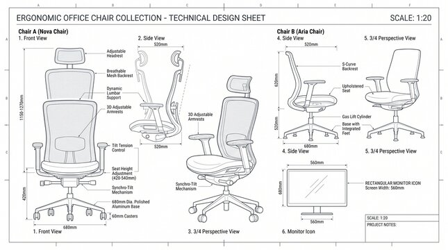 Technical design sheet of ergonomic office chairs with dimensions and views
