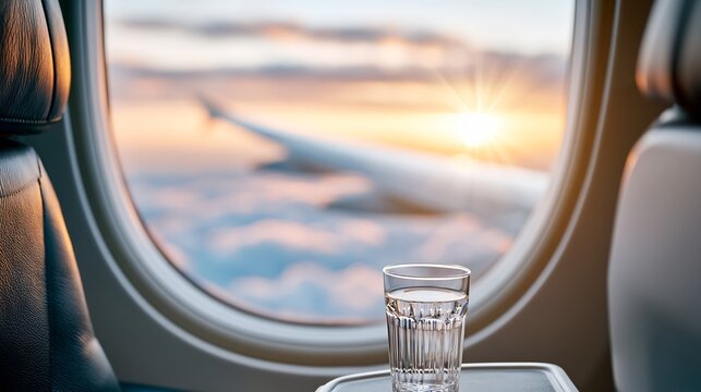 Glass of water on airplane tray table with sunset view - air travel hydration