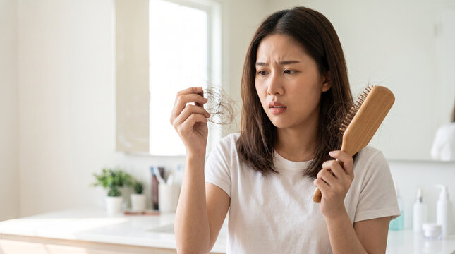 Shocked Asian woman looking at excessive hair loss collected in her hand and hairbrush, worried about sudden shedding while grooming at home, hair loss, alopecia, excessive shedding, thinning hair, te
