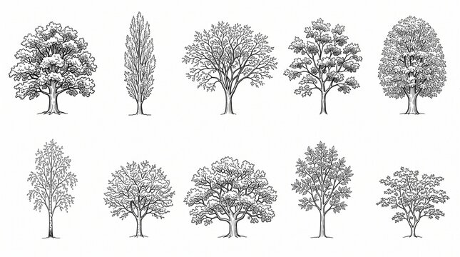 Set of hand-drawn tree illustrations in a black and white sketch style