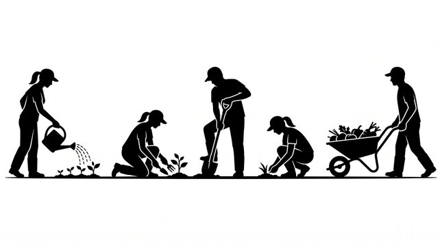 Group of people gardening in silhouettes isolated on a white background