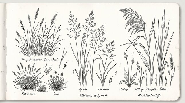 Hand drawn botanical sketches of wild grasses and plants on white paper