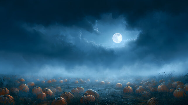 Halloween wallpaper, moonlit pumpkin field with mist rolling in under a stormy night sky, ominous storm clouds gathering, moody dark blue and orange palette