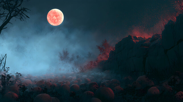 Halloween wallpaper, moonlit pumpkin field with mist rolling in near a crumbling stone wall, deep midnight darkness, deep red and black tones
