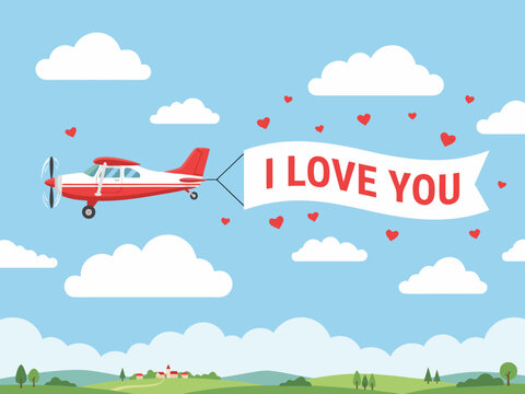 Cartoon airplane towing I Love You banner in blue sky with hearts