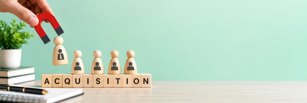 Talent acquisition concept with a hand holding a red horseshoe magnet attracting a wooden figure representing hiring, recruitment, and human resources.