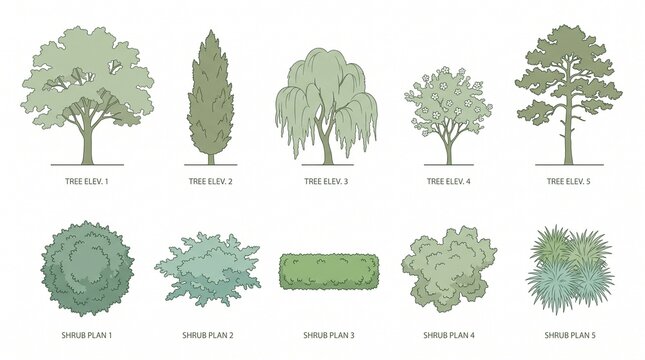 Set of architectural tree and shrub silhouettes for landscape design plans
