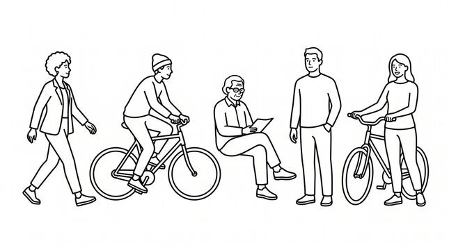 Diverse group of people walking cycling and sitting on a white background