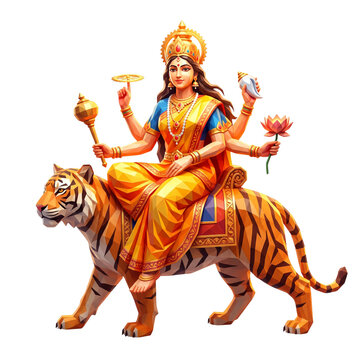 Hindu goddess Durga riding a tiger with multiple arms holding symbolic objects during a festival celebration