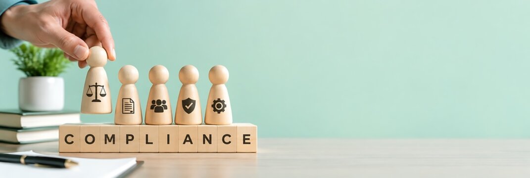 Compliance concept with wooden figures and blocks on a desk, representing corporate governance, law, rules, regulations, and business ethics.