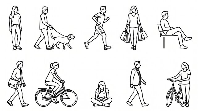 Set of diverse people performing daily activities in simple line art style