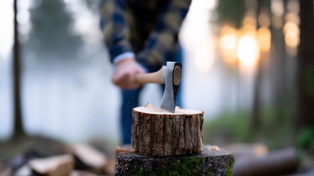 Sharp axe splitting wood in autumn forest - rustic lumberjack lifestyle