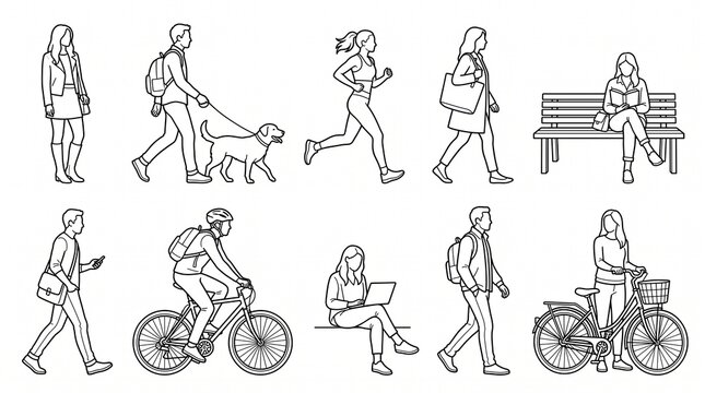 Set of diverse people performing daily activities in a linear sketch style